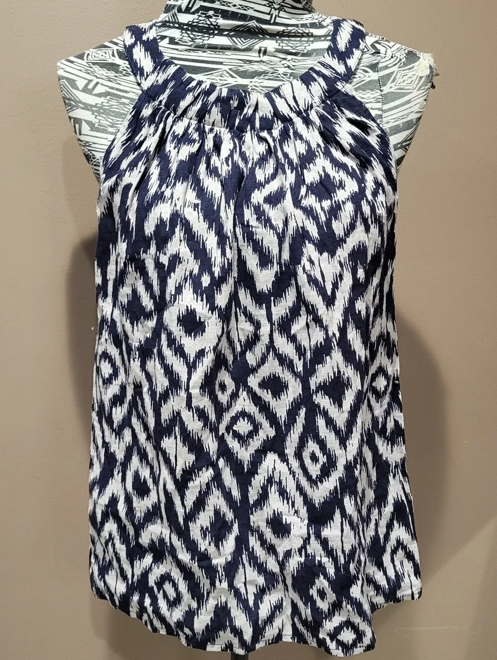 Marisa Christina Linen Blend Navy & White Ikat Halter Tank